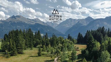 Logo des Alpina Antica Trails vor einem Bergpanorama mit Wäldern und Wiesen. | © Alpina Antica Trail
